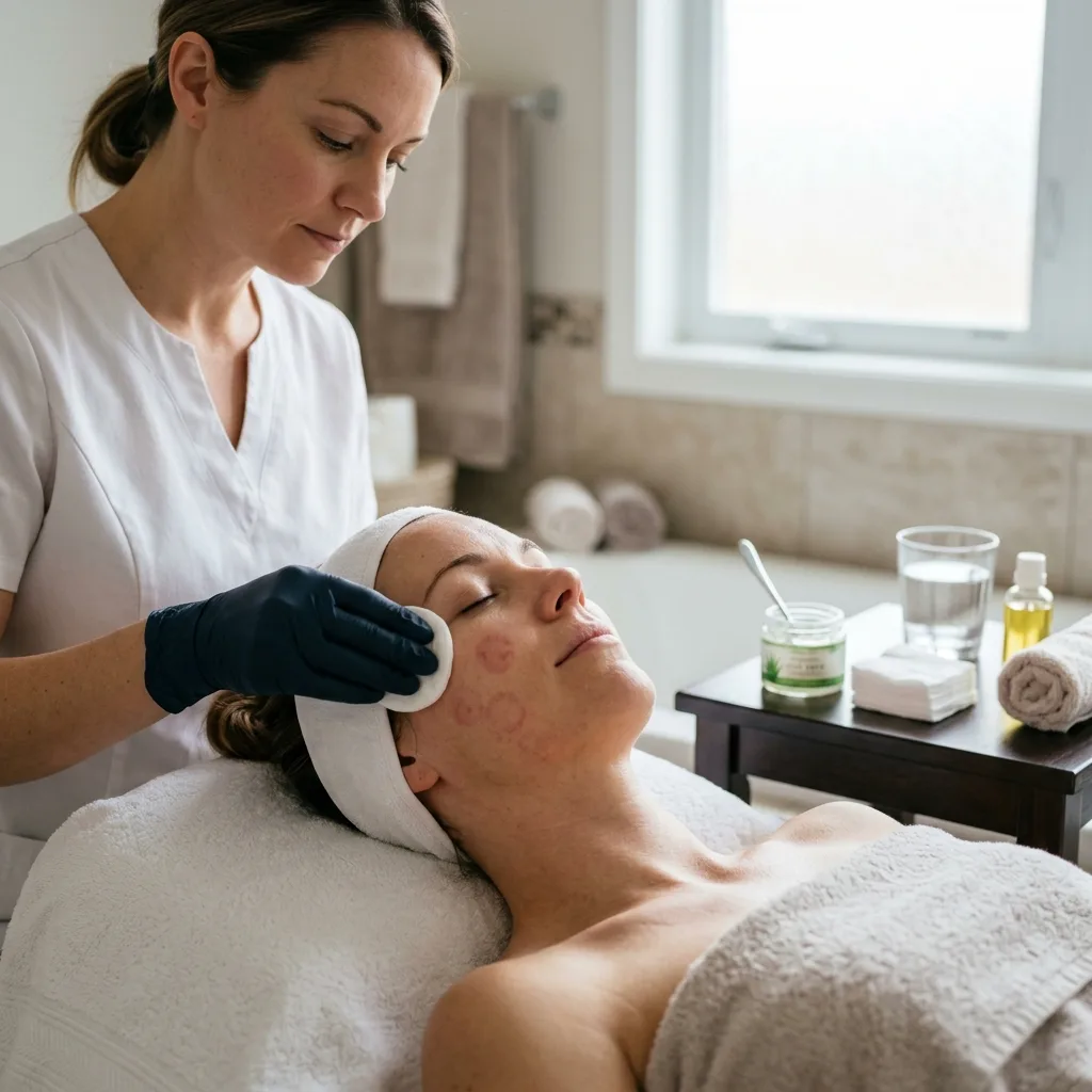 Gently dabbing the treated cheek with a cotton pad during facial cupping aftercare