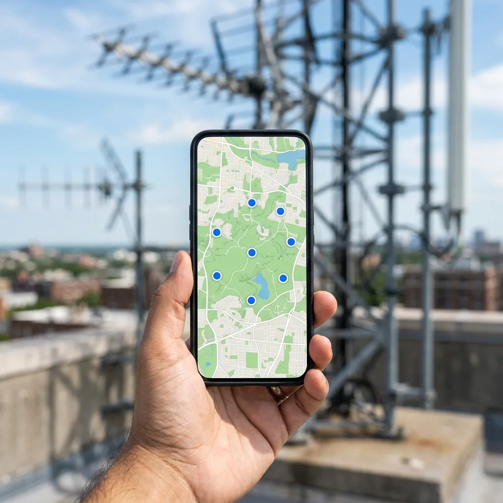 A phone map app used to locate broadcast towers near a home