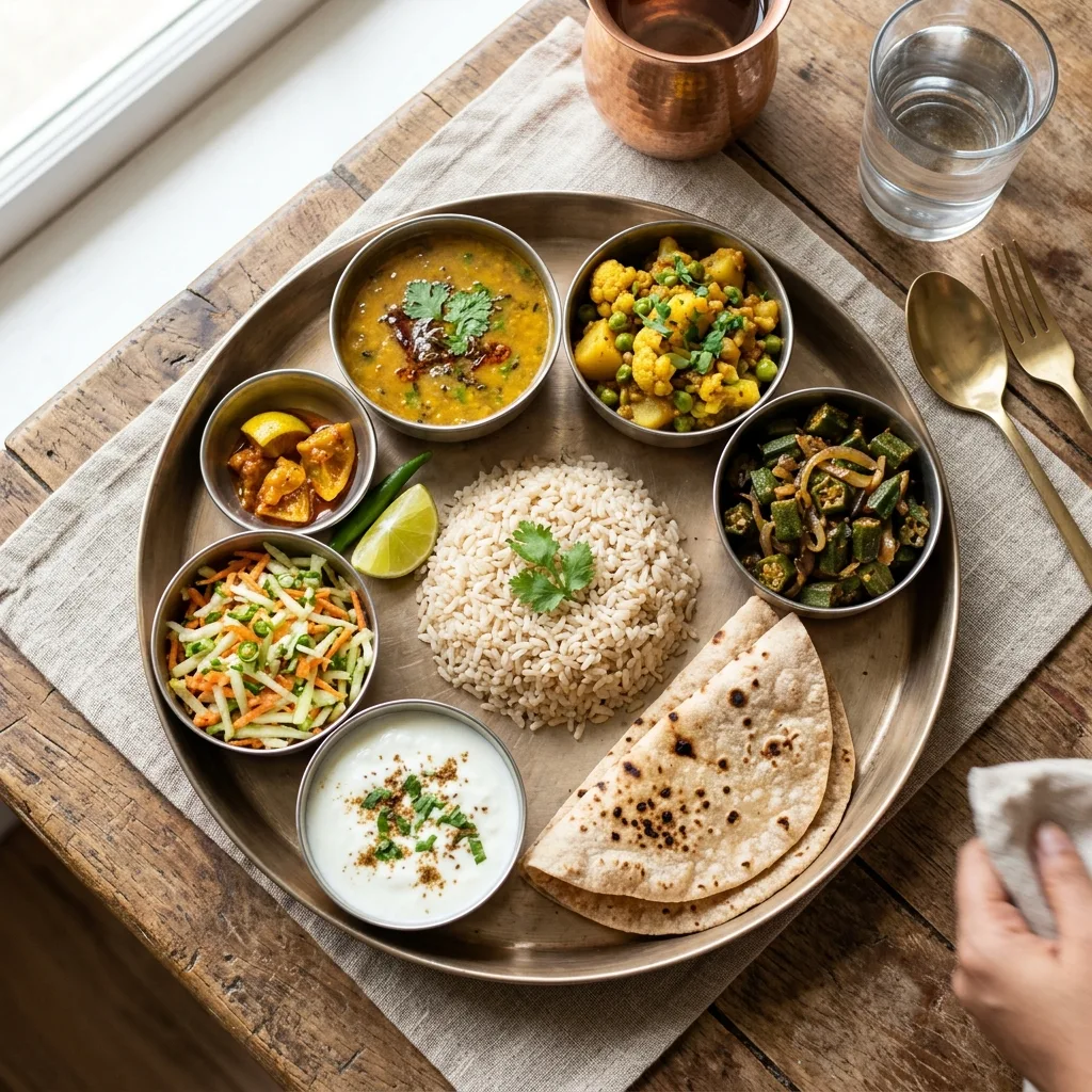 Balanced Indian thali to improve digestion naturally