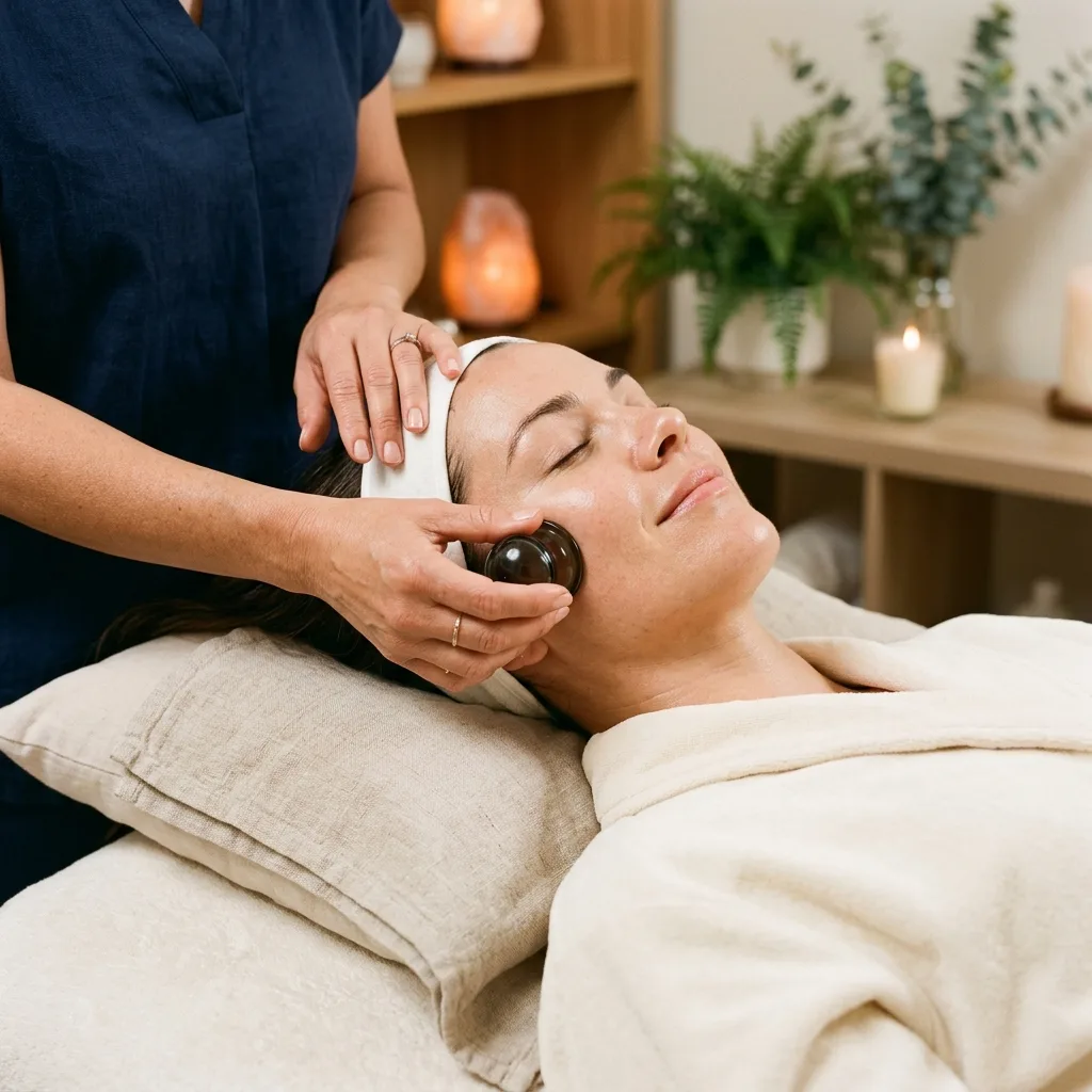 A therapist placing a small suction cup on a relaxed client cheek during a facial session