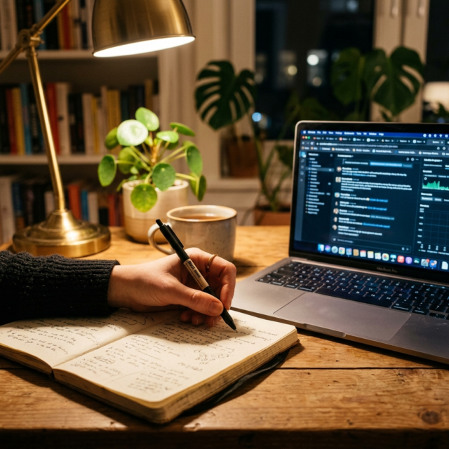 AI prompt tips writing in notebook beside laptop