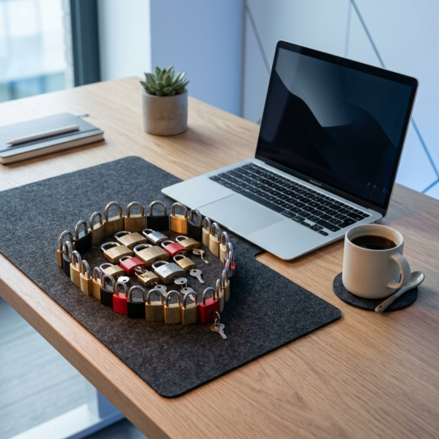 AI safety checklist padlocks forming shield on desk