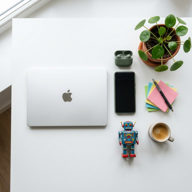 best free AI tools laptop smartphone and sticky notes flat lay