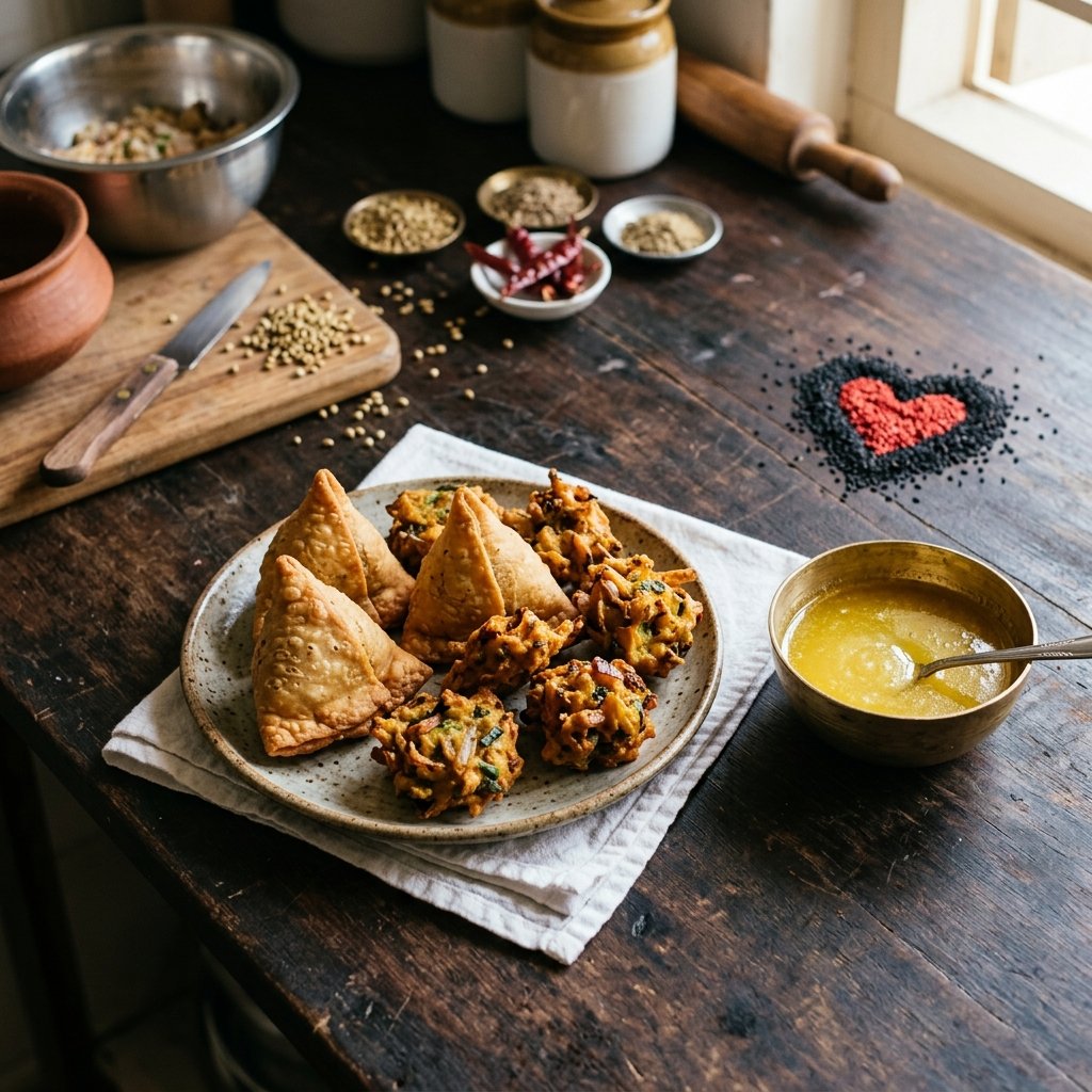 high cholesterol Indian diet ghee and fried snacks on kitchen counter