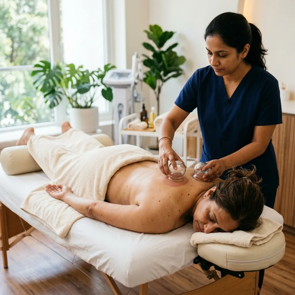 Cupping therapy suction cups placed on a back during a treatment session