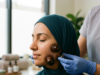 Hijama on face with small cupping cups applied to the cheek and jawline