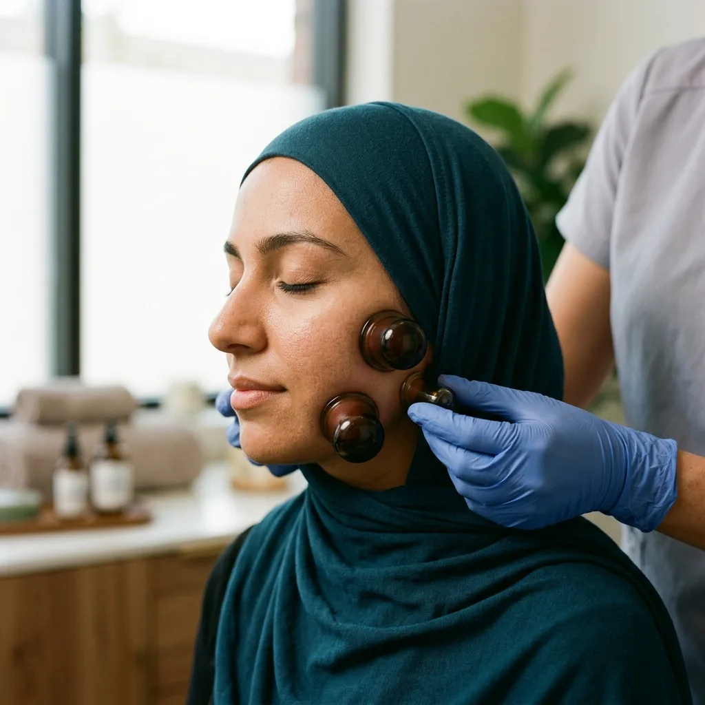 Hijama on face treatment with a small cupping cup applied to the cheek