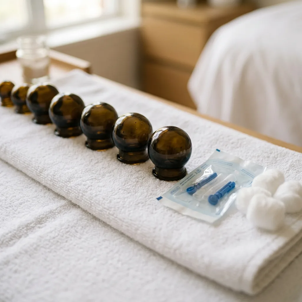 Sterile hijama cups and single-use lancets laid out ready for a facial treatment
