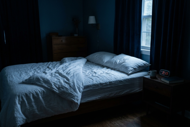 A dark quiet bedroom at night with moonlight falling across the bed, illustrating insomnia