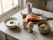 Vitamin B12 Deficiency: 9 Warning Signs and What to Do Eggs, yogurt, salmon and cereal arranged on a wooden table, foods rich in vitamin B12