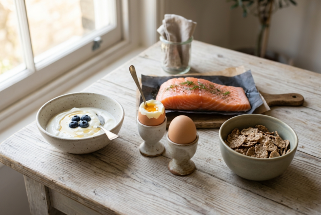 Foods rich in vitamin B12 Eggs, yogurt, salmon and cereal arranged on a wooden table, foods rich in vitamin B12