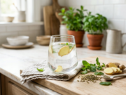 Gas and Bloating: 10 Causes, Foods to Avoid, and Relief A glass of water with fresh ginger slices, fennel seeds and mint leaves on a kitchen counter