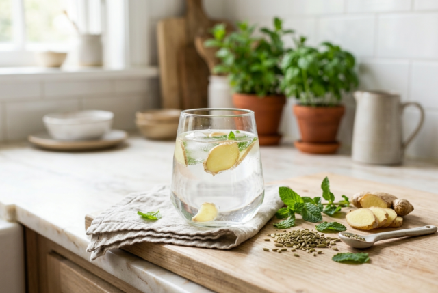 A glass of water with fresh ginger slices, fennel seeds and mint leaves on a kitchen counter
