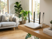 Slow Wi-Fi? 11 Fixes to Speed Up Your Home Internet A white Wi-Fi router with antennas on a wooden shelf in a bright living room