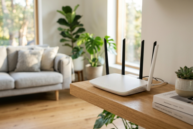 Home Wi-Fi router A white Wi-Fi router with antennas on a wooden shelf in a bright living room