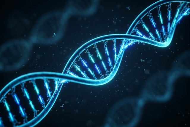 DNA double helix A glowing blue DNA double helix rendered against a dark background