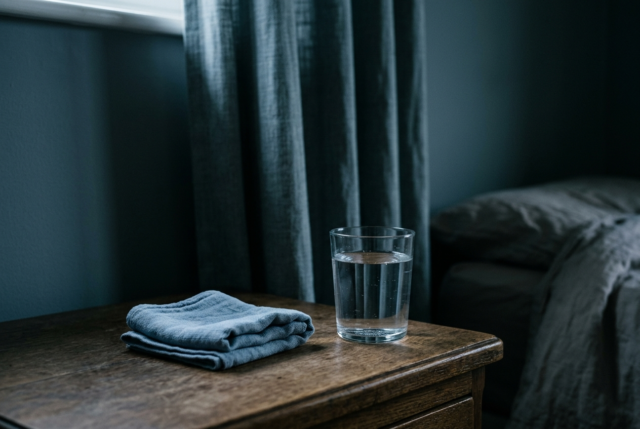 A folded cool compress and a full glass of water on a bedside table in dim light, illustrating migraine relief