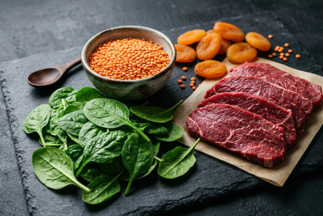 Spinach, red lentils, lean red meat and dried apricots arranged on a dark surface, foods rich in iron Spinach, red lentils, lean red meat and dried apricots arranged on a dark surface, foods rich in iron