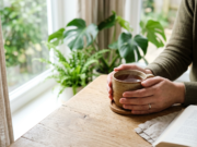 Anxiety: 10 Signs, Causes and What Actually Helps Hands resting around a warm cup of tea beside a window, a calm scene suggesting anxiety relief