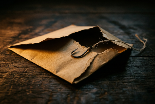 An open envelope with a small metal fishing hook snagged on its edge, illustrating phishing