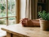 Hands resting calmly on a light wooden table beside a small green plant