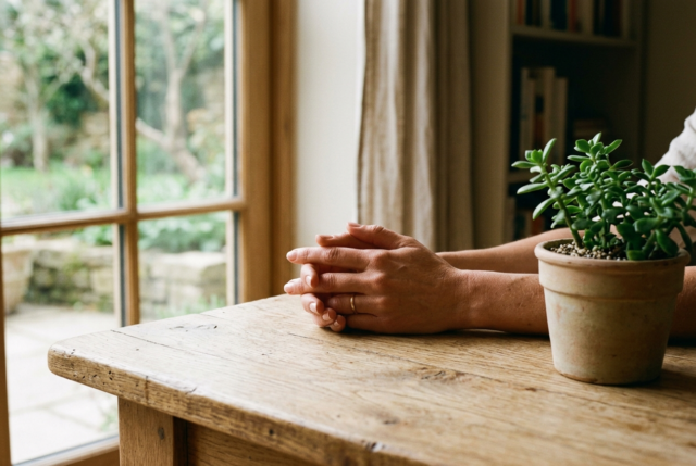 Hands resting calmly on a light wooden table beside a small green plant Hands resting calmly on a light wooden table beside a small green plant