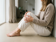 Knee Osteoarthritis: Causes, Pain Relief and Treatment A person seated on a floor with hands cupped around one knee in soft daylight