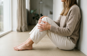 A person seated on a floor with hands cupped around one knee in soft daylight