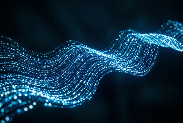 Abstract particles glowing blue and white in a flowing wave pattern across a dark background Abstract particles glowing blue and white in a flowing wave pattern across a dark background