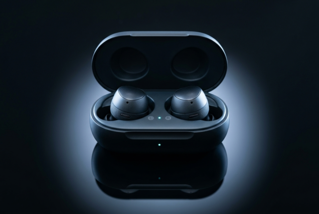 Wireless earbuds in an open charging case on a dark reflective surface Wireless earbuds in an open charging case on a dark reflective surface