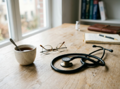 Health Insurance in India: How to Choose the Right Cover A stethoscope coiled on a pale desk beside a cup and folded reading glasses