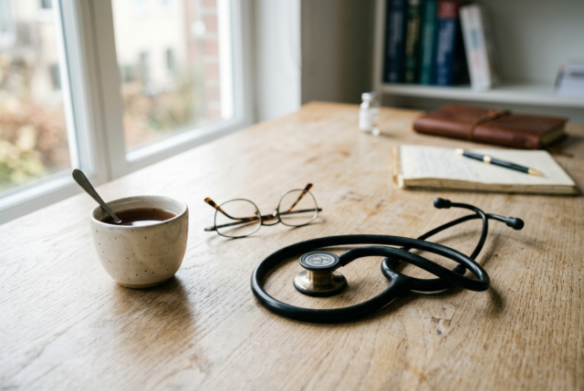 A stethoscope coiled on a pale desk beside a cup and folded reading glasses