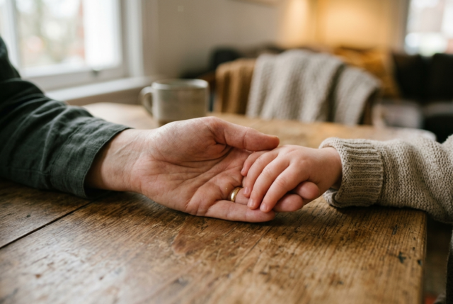 An adult hand holding a small child hand resting on a warm wooden table An adult hand holding a small child hand resting on a warm wooden table