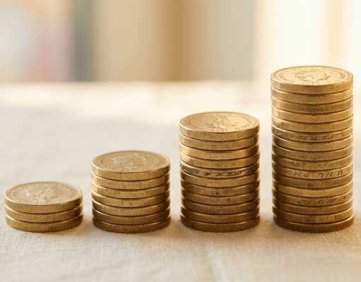 SIP Investing for Beginners: How It Works and Compounds Stacked coins arranged in rising columns on a pale surface in warm side light
