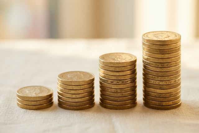 Stacked coins arranged in rising columns on a pale surface in warm side light