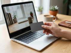 Credit Score: How It Works and How to Improve It A hand holding a blank payment card above a laptop keyboard on a light desk