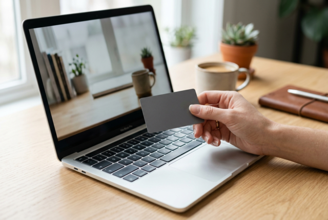 A hand holding a blank payment card above a laptop keyboard on a light desk