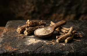 Ashwagandha: Benefits, Dosage and What the Evidence Says Dried ashwagandha root pieces and a wooden spoon of pale powder on dark stone