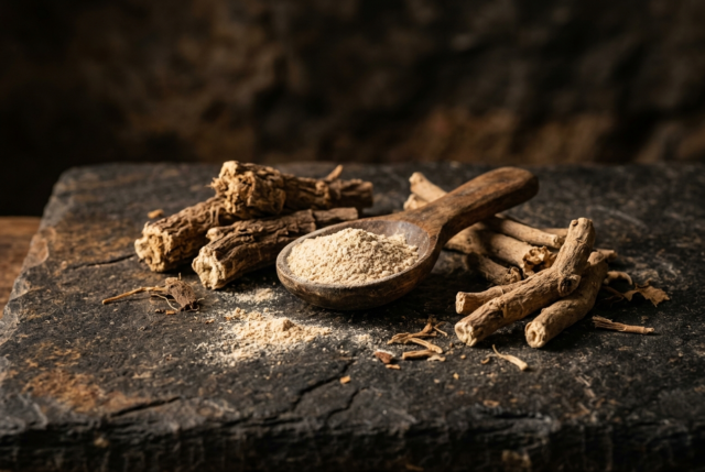 Dried ashwagandha root pieces and a wooden spoon of pale powder on dark stone Dried ashwagandha root pieces and a wooden spoon of pale powder on dark stone