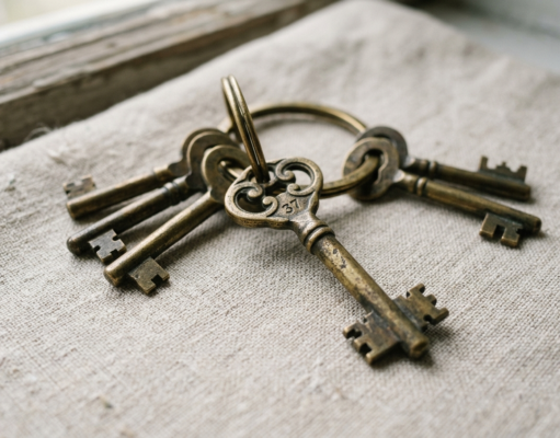 Password Managers Explained: How They Keep You Safe A small ring of brass keys on a pale surface with one key in sharp focus