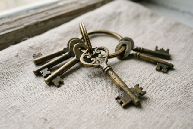 A small ring of brass keys on a pale surface with one key in sharp focus A small ring of brass keys on a pale surface with one key in sharp focus