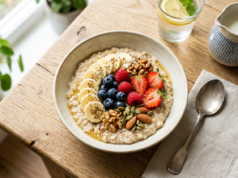 Breakfast: What the Evidence Says and What to Actually Eat Overhead view of a breakfast bowl with oats, banana, berries and nuts on a light table