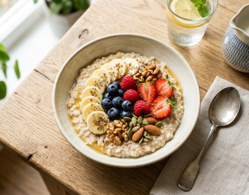 Breakfast: What the Evidence Says and What to Actually Eat Overhead view of a breakfast bowl with oats, banana, berries and nuts on a light table