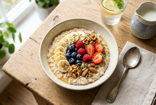 Overhead view of a breakfast bowl with oats, banana, berries and nuts on a light table Overhead view of a breakfast bowl with oats, banana, berries and nuts on a light table