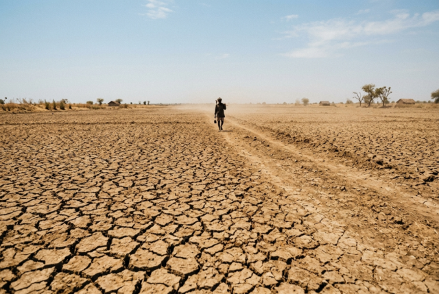 Parched cracked farm field under a harsh sun with a lone farmer in the distance