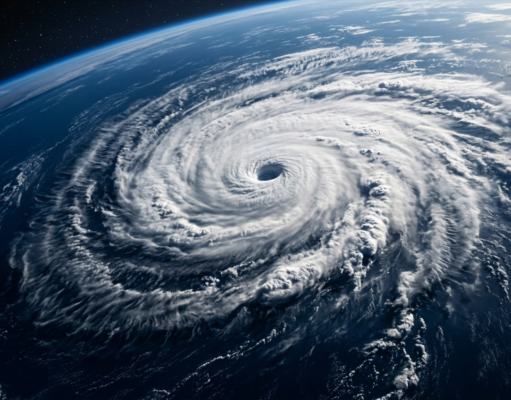 El Niño Around the World: Global Weather Impacts Satellite view of a large swirling storm system over dark blue ocean