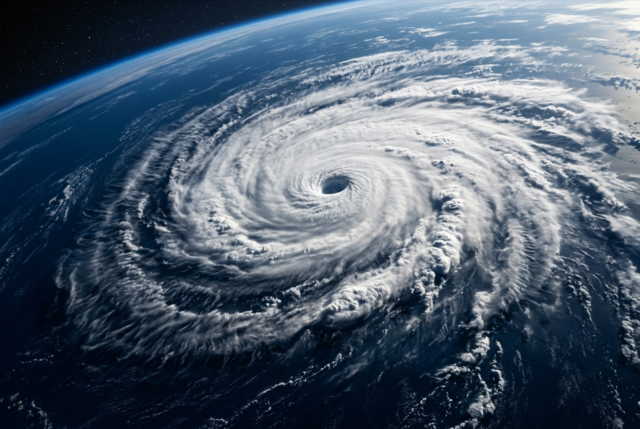 Satellite view of a large swirling storm system over dark blue ocean Satellite view of a large swirling storm system over dark blue ocean