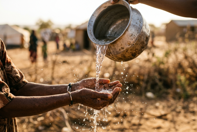 Water poured from a metal vessel into cupped hands in warm sunlight