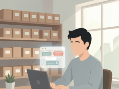 AI for Small Business: The Complete Guide for 2026 AI for small business: an AI-generated illustration of a small business owner at a desk with a laptop showing an assistant window