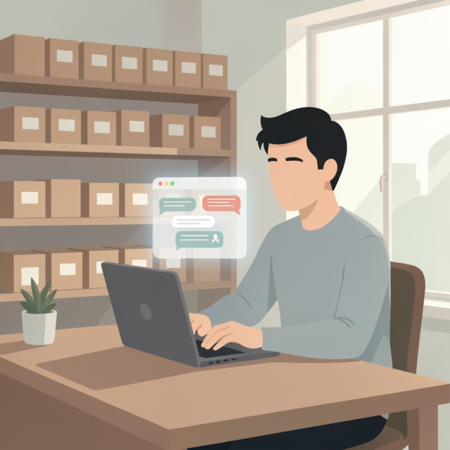 AI for small business: an AI-generated illustration of a small business owner at a desk with a laptop showing an assistant window